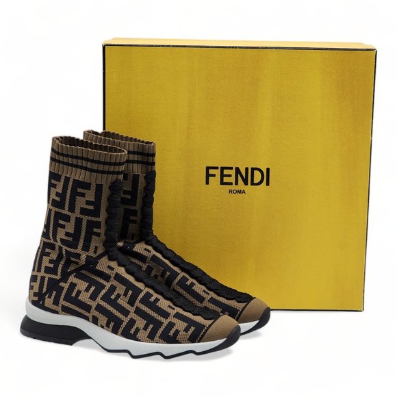 Fendi Shoes - Fendi FF Operwork Runway Women Sock Sneakers - Brown